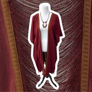 Wikandah Women’s Open-Front Burgundy Shawl Duster with Contrast Trim